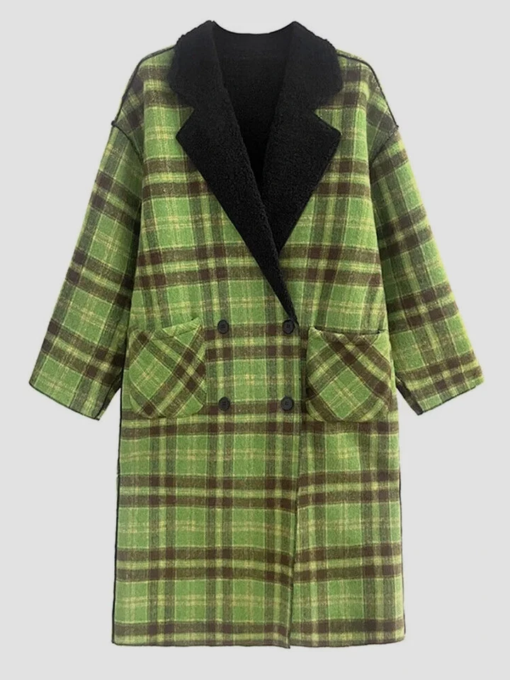 Green Black Urban Chic Street  Edgy Country Tartan  Loose  Jacket Midi Coat  14 - Image 1 of 4