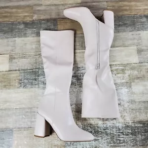 Steve Madden Lizah Womens Knee High Boot Sz 8 M Bone Leather Side Zip Block Heel - Picture 1 of 14