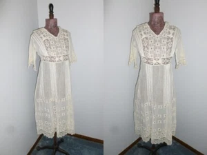 Antique Edwardian Dress Handmade Embroidery Bobbin Lace Wedding Tea Dress - Picture 1 of 12