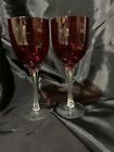 Ruby Red Bowl Clear Pedal Stem Water Wine Goblet Glasses set of 2