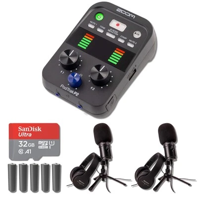 Zoom PodTrak P2 USB Mic Recorder with 2x ZUM-2 USB Podcast Mic Packs Bundle - Image 1 of 4