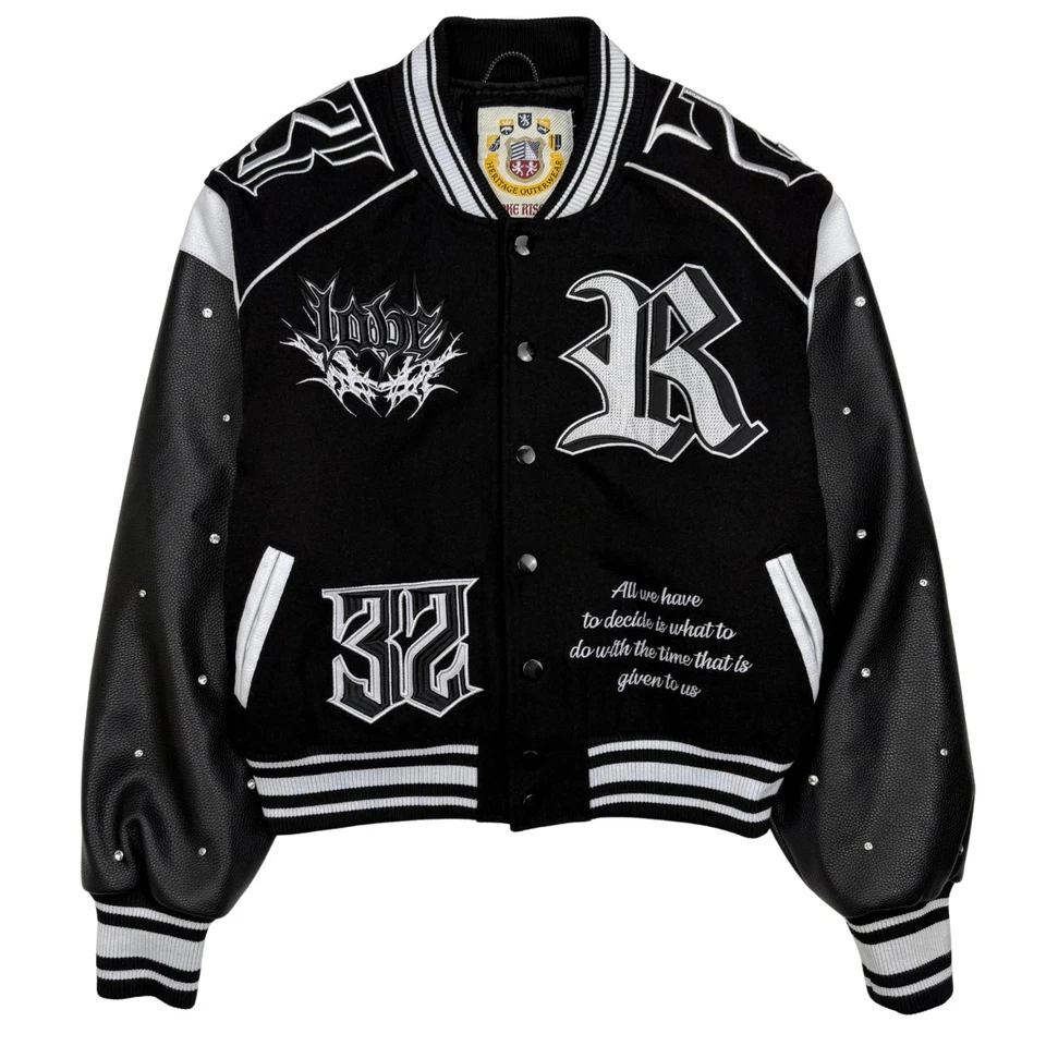 Chaqueta universitaria Smoke Rise para mujer talla M negra blanca bordada bombardero Foto 1 de 4