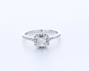 1.0CT Natural Diamond H/VS2 Princess Cut 18K White Gold 4-Prong Halo Accent Ring - Picture 1 of 4