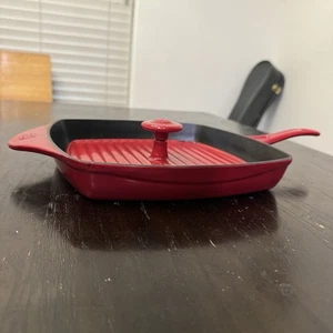 CALPHALON Square Grill Fry Pan Skillet w/ Press Lid 11” RED Enameled Cast Iron - Picture 1 of 9