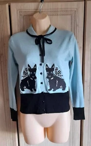 HELL BUNNY Women Turquoise/Block Scotty Dog Embroidered  Vintage Cardigan Size M - Picture 1 of 17