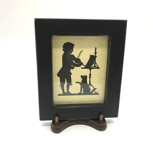 Vintage Wood Framed Paper Silhouette of Boy Playing Violin w/Dog - Picture 1 of 5