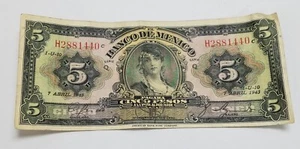 1943 Mexico 5 Pesos | Fine | Banco De Mexico | Gypsy Girl | ABN Co. - Picture 1 of 2