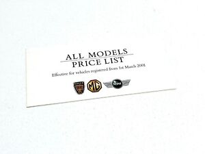 2001 MG MINI Rover All Models Price List Brochure - UK Version - #5787