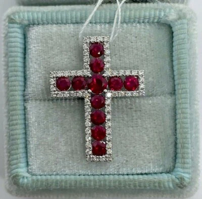 3Ct Round Cut Red Ruby Unisex Cross Pendant 14k White Gold Finish 18" Free Chain - Image 1 of 4