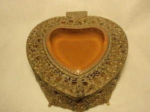 Vintage Ormolu & filigran Bernstein abgeschrägt Herzform Glas Schmuck Schatulle Schmuckschatulle - Bild 1 von 9