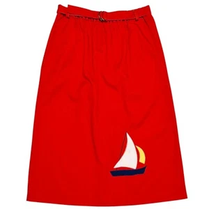 Vintage Hunter Sportswear Size 12 Red Midi Skirt Preppy Sewn On Sailboat Pockets - Picture 1 of 9