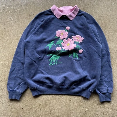 Sudadera Vintage Morning Sun Para Mujer Grande Azul Cuello Floral Hecha en EE. UU. 90s Foto 1 de 4
