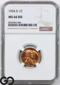 1954-D Lincoln Cent Wheat Red Penny, NGC MS-66 RD - Picture 1 of 3