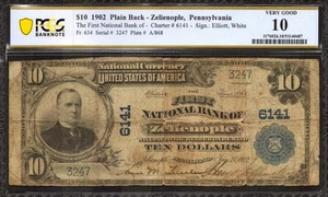 1902 $10 FIRST NATIONAL BANKNOTE CURRENCY FR.634 ZELIENOPLE PA PCGS 10 VG (247) - Picture 1 of 2