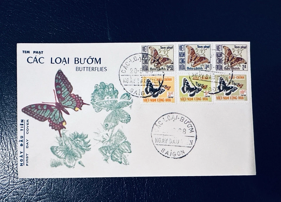 1968 South Vietnam FDC DUE TAX STAMP BUTTERFLIES SAIGON POSTMARK 2 - Image 1 of 2
