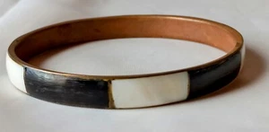Vintage Black Onyx MOP Inlaid Bangle Fashion Bracelet With Brass Opening 2.5" #G - Picture 1 of 4