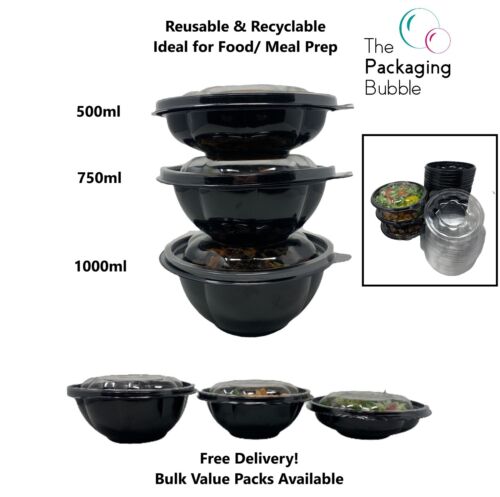 Black Plastic Salad Bowls Reusable Takeaway Container Bowl Clear Lids Food Meal