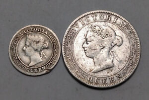 Lot of 2x Silver Coins Ceylon 1893 50 Cents and 1894 10 Cents Victoria Sri Lanka