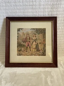 Nadelspitze Wandteppich Viktorianisches Paar Balz Holz gerahmt 15x15 Blumen Hund - Bild 1 von 12