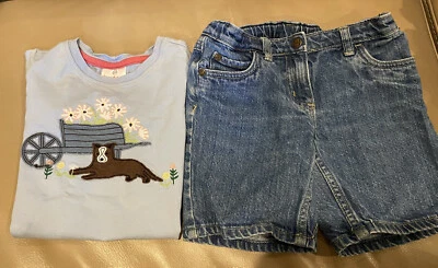 Camiseta y pantalones cortos vaqueros Hanna Andersson talla 120 azul carretilla para perro 100 % algodón Foto 1 de 4