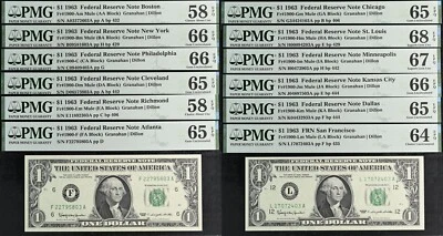 1963 $1 Federal Reserve Note PMG 68EPQ PMG graded district set complete 12 note - Image 1 of 4