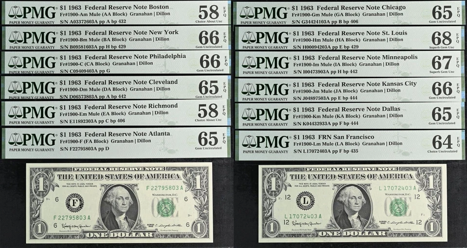 1963 $1 Federal Reserve Note PMG 68EPQ PMG graded district set complete 12 note - Image 1 of 4
