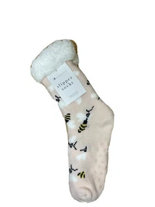 Kaiser Style Non Slip Slipper Socks Pink And White With Bumble Bees Graphic - Bild 1 von 4