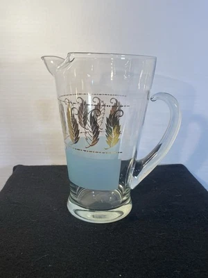 Vtg Mid Century Modern Turquoise Frosted Band Gold Feathers Retro Glass Pitcher - Image 1 of 4