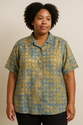 Blusa deportiva Selene 3X azul tostado texturizada transparente estampado de hojas cuadradas abotonadas Y2K  Foto 1 de 4