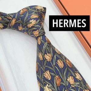 HERMES Silk Tie Botanical Tulip Floral Pattern Green Navy Yellow Orange Used - Picture 1 of 7