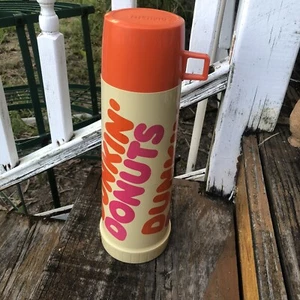 Dunkin Donuts Thermos Orange Pink Tall Plastic Glass Insert Hot Cold Vtg 70s 80s - Picture 1 of 12