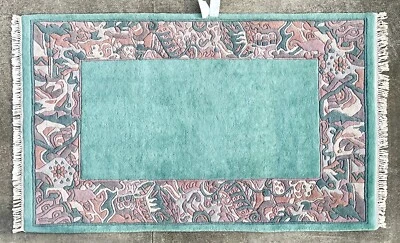 Скульптурный шерстяной ковер 5x8 футов ручной вязки сине-зеленый с розовым цветочным узором - Изображение 1 из 4