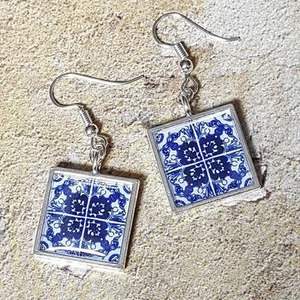 Unique LISBON TILE EARRINGS traditional TURQUOISE portuguese PORTUGAL blue white - Picture 1 of 1