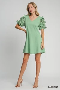 Umgee Sage Mint French Terry V-Neck Swing Dress w/Beautiful Lace Puff Sleeves - Picture 1 of 4