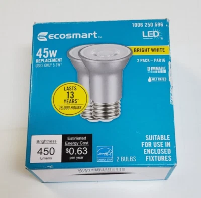 NEW Ecosmart, LED 45W Bright White 2 bulbs Dimmable, Wet Rated, 450 Lumens, NIB! - Image 1 of 3