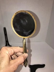 Antique Vanity Art Deco Hand Held Brass Mirror Swivel Gold Tone Rose Etching - Picture 1 of 18