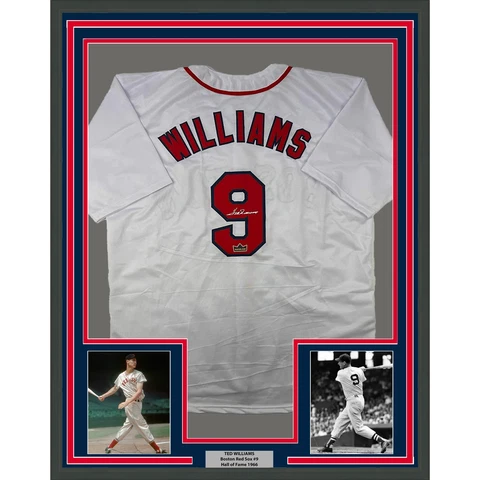 Framed Facsimile Autographed Ted Williams 33x42 White Reprint Laser Auto Jersey Cover