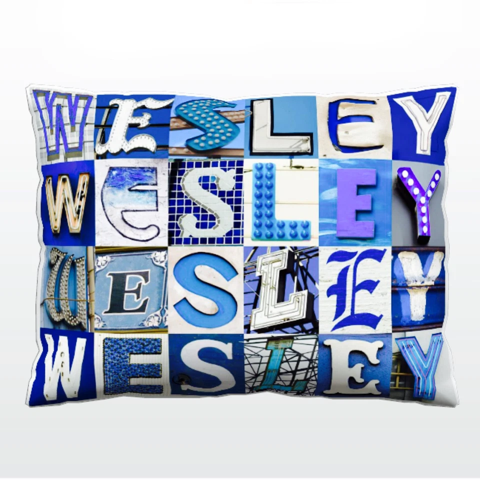 Personalized Pillow featuring the name WESLEY in photos of BLUE sign letters - Image 1 of 1
