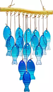 23" Blue Glass Sea Wind Chimes - Handcrafted Fish Wind Chimes for Outside, Beach - Picture 1 of 12