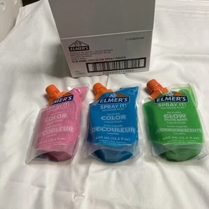 Lot/3 Elmers Spray It Outdoor Play Liquid Chalk Pouch ~ Pink + Blue + Glow Green - Picture 1 of 8