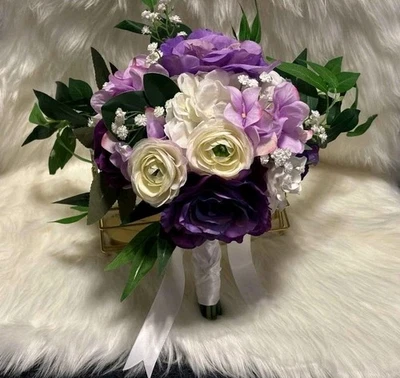Bride Wedding Bouquet, Purples Silk Bridal Bouquet. Large Full Wedding Decor  - Image 1 of 4