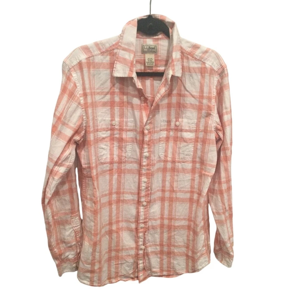 L.L. Camisa feminina Bean de linho média alta branca rosa xadrez praia Gorpcore Preppy - Imagem 1 de 4