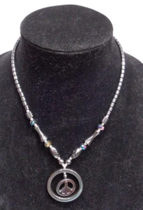 Hematite Peace Sign Necklace Glass & Gray Bead Dangle Pendant Barrel Clasp 18" - Picture 1 of 4