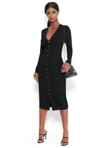 Bebe Dress Button Down Knit Midi V-neck Long Sleeve Fitted Stretch Black NWT S - Picture 1 of 5