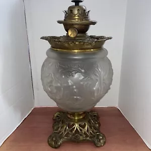 Antique Clear Satin Glass Oil Lamp - Leaves & Roses - Success PLB & G Co. Brass - Picture 1 of 18