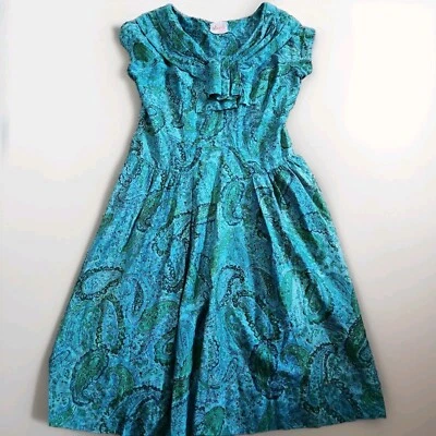 Vintage 60s 50s Blakely S/M Blue Floral/Paisley Dress Cocktail Day Dress     C27 - Image 1 of 4