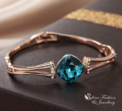 18K Rose Gold GF Made With Swarovski Crystal Rhombus Shaped Deep Teal Bracelet - Image 1 of 4
