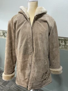Womens Large St. John’s Bay Tan Hooded Coat Suede Leather Fleece Lined Zipper - Picture 1 of 12