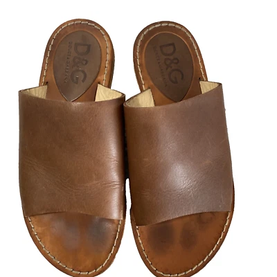 Dolce & Gabbana Brown Leather Cutout Flat Slide Sandals Womens Sz US 7.5 EUR 38 - Image 1 of 4
