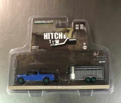 GREENLIGHT GREEN MACHINE HITCH & TOW 2016 FORD F-150 AND LIVESTOCK TRAILER 1/64 - Image 1 of 4